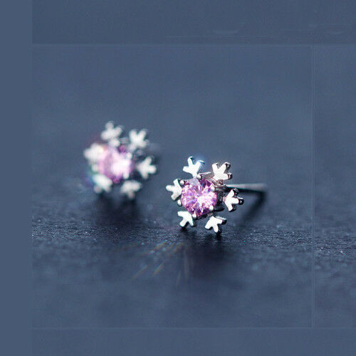 Women's925 Sterling Silver Ear Stud Earrings Zircon Snow White Blue Pink Jewelry